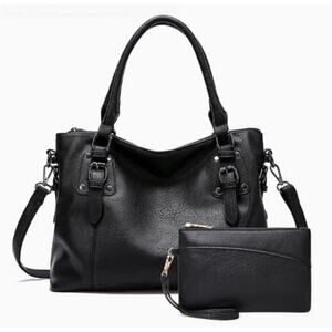 Women's 2 Piece Black Faux Leather Wristlet and Crossbody Tote Bag